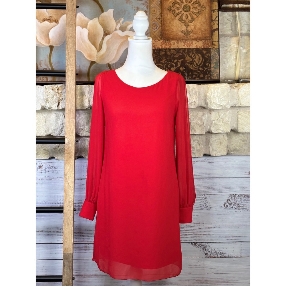 A Byer Red Open Slit Sheer Arm Long Sleeve Shift Mini Dress Womens XS - Picture 13 of 14